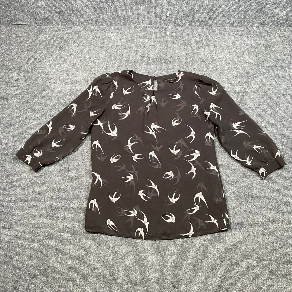 Banana Republic Womens XS‎ Brown Bird Print Chiffon 3/4 Sleeve Keyhole Blouse